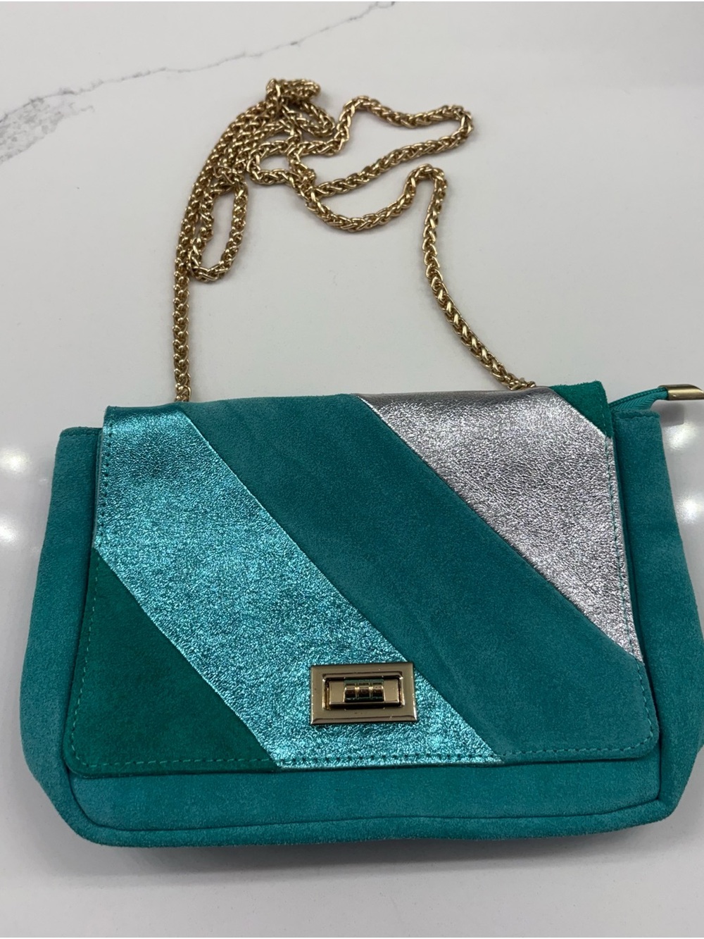 Teal Metallic Accent Crossbody Bag with Gold Chain